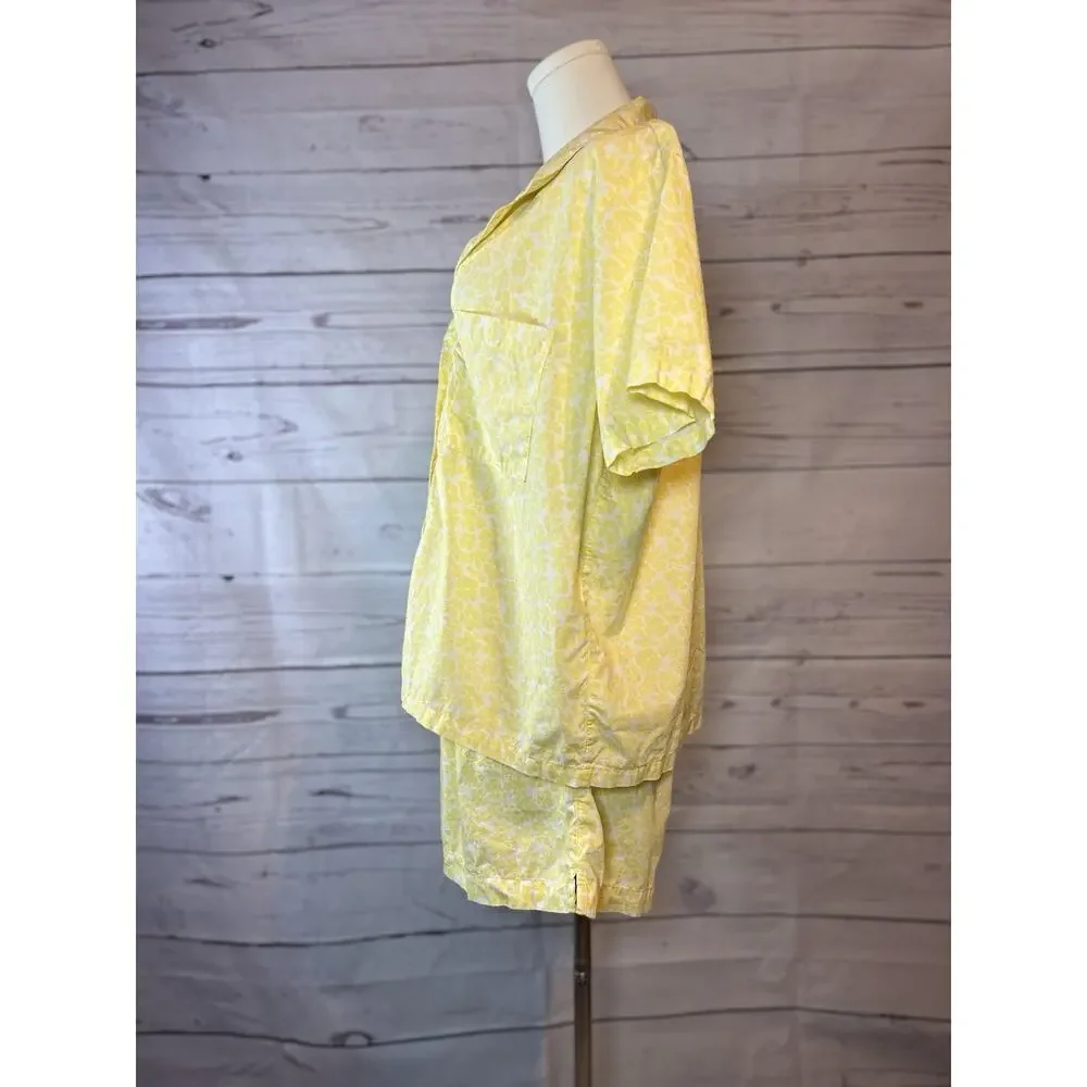 GAP Yellow Floral 2 Piece Pajama Set Womens L Cotton Button Up Top Shorts - Picture 3 of 8